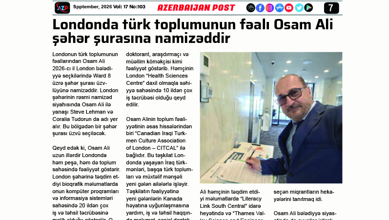Londonda türk toplumunun fəalı Osam Ali şəhər şurasına namizəddir
