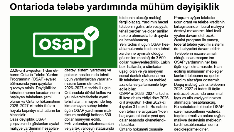 Ontarioda tələbə yardımında mühüm dəyişiklik