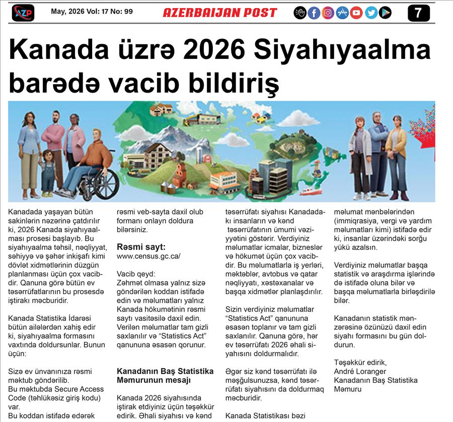 Kanada üzrə 2026 Siyahıyaalma barədə vacib bildiriş