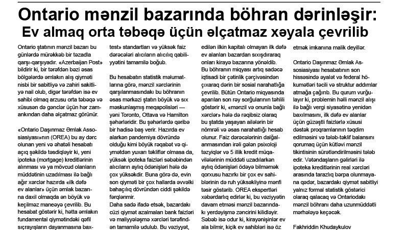 Ontario mənzil bazarında böhran dərinləşir:  Ev almaq orta təbəqə üçün əlçatmaz xəyala çevrilib