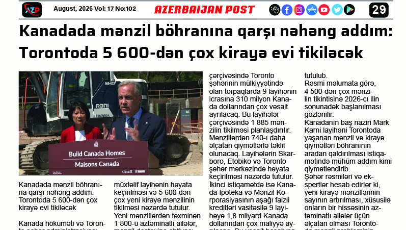 Kanadada mənzil böhranına qarşı nəhəng addım: Torontoda 5 600-dən çox kirayə evi tikiləcək