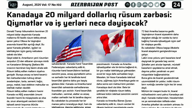 Kanadaya 20 milyard dollarlıq rüsum zərbəsi: Qiymətlər və iş yerləri necə dəyişəcək?