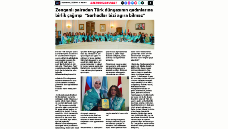 Zənganlı şairədən Türk dünyasının qadınlarına birlik çağırışı – “Sərhədlər bizi ayıra bilməz”